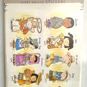 May include: A package of Hallmark reward stickers containing eight sheets of illustrations featuring children from various countries in traditional clothing. Each sticker includes a greeting in the native language and the country name.