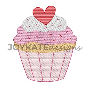 Valentine Heart Cupcake Vintage Embroidery Design, Bean Stitch and Light Fill Valentine’s Day Cupcake