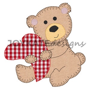 Valentine Teddy Bear with Heart Vintage Applique’ Embroidery Design, Blanket Stitch Raggy Applique Valentine’s Day Stuffed Animal