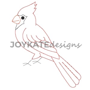 May include: Line art illustration of a red cardinal bird with a black eye. The bird is facing left and has a long tail.