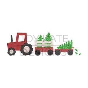 May include: A red tractor pulling two wagons filled with green Christmas trees. The tractor and wagons have black wheels and are set against a white background. The image has a stitched appearance.