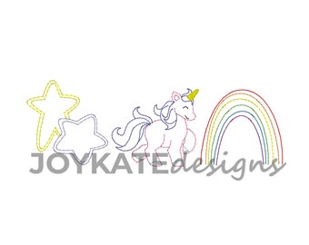 Unicorn Trio Vintage Stitch Embroidery Design. Bean Stitch Three in a Row Design for Machine Embroidery. Unicorn, rainbow, and stars.