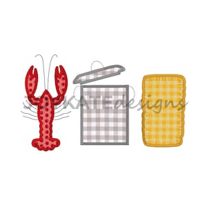 May include: A red lobster, a gray and white checkered pot with the lid open, and a yellow and white checkered square.