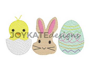 Easter Trio with Chick Bunny Egg Vintage Embroidery Design, Bean Stitch and Light Fill Easter Bunny, Egg, and Chick for Machine Embroidery