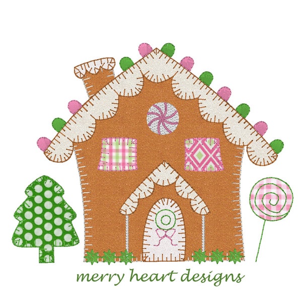 Gingerbread House applique design, Christmas embroidery file, Raggy stitch ginger bread house embroidery design, Applique', Blanket stitch