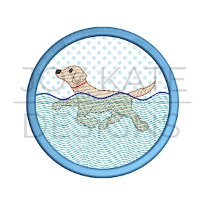 May include: A blue circle with a white background and a yellow dog swimming in blue water. The dog has a red collar and is swimming in a wavy pattern.