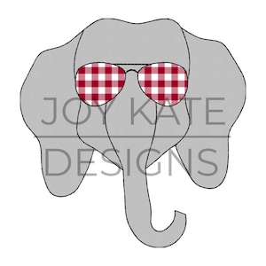 May include: A gray elephant with a red and white gingham pattern on its sunglasses. The elephant is wearing sunglasses with a black frame.