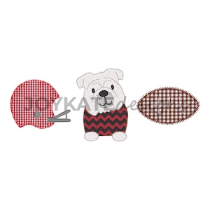 May include: An embroidered design featuring a white bulldog wearing a red and black chevron sweater, a red and white checkered football helmet, and a brown and white checkered football.
