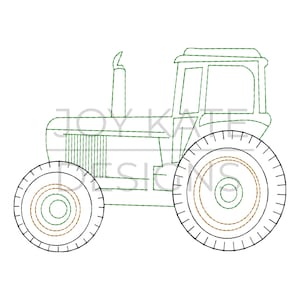 May include: A green tractor with a black outline and brown tires. The tractor has a single exhaust pipe and a large cab.