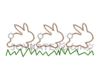 Running Bunnies Vintage Stitch Embroidery Design, Vintage Stitch Easter Bunnies Hopping Over Grass and Tulips