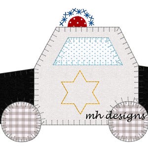 May include: A white and black felt applique of a police car with a blue and red light on top, a yellow six-pointed star, and the text "mh designs".