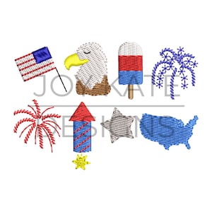 May include: A set of nine embroidered images celebrating the 4th of July. The images include a bald eagle, fireworks, a popsicle, a star, a rocket, the American flag, and a map of the United States.
