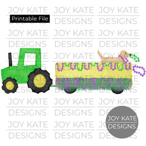 May include: A green tractor pulls a yellow float decorated with purple and green beads. A small, light brown dog sits on the float wearing a purple beaded necklace. The float has green and purple fringe.