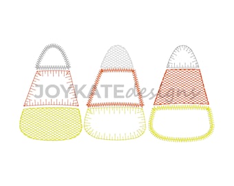 May include: Three candy corn designs with a stitched appearance. Each candy corn has a yellow base, an orange middle, and a white top. The text "JOYKATE designs" is visible in the image.