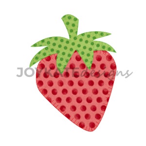 May include: A red and green felt strawberry with white polka dots. The strawberry is stitched with red thread around the edges.