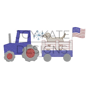 May include: A blue tractor pulls a wagon with a dog inside. The dog is holding a sparkler. An American flag is waving in the background.