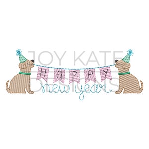 May include: Two brown dogs wearing party hats are holding a pink banner that says "HAPPY NEW YEAR" in blue lettering.