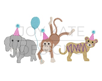 Zoo Animal Birthday Trio Sketch Embroidery Design