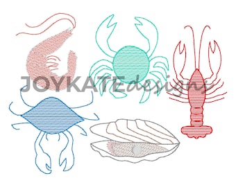 Build Your Own Shellfish Embroidery Design. Includes oyster, crawfish, shrimp, and two crabs.