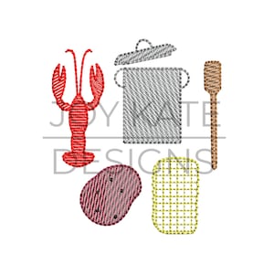 Könnte beinhalten: Ein roter Hummer, ein grauer Topf mit Deckel, ein brauner Holzlöffel, eine rote Kartoffel und ein gelber Maiskolben auf weißem Hintergrund.