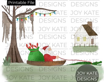 Cajun Santa in Swamp with Gator watercolor artwork PNG printable digital file for HTV, sublimation, paper goods, scrapbooking, and more