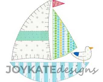 Sailboat with Seagull Applique Embroidery Design. Blanket and Bean Stitch Sailboat Applique Design for Machine Embroidery.
