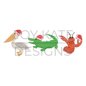 May include: Three embroidered Christmas-themed animal illustrations. A pelican wearing a red Santa hat, a green alligator wearing a red Santa hat, and a red lobster wearing a red Santa hat.