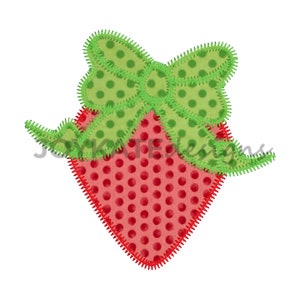 May include: A red and green embroidered strawberry with a green polka dot bow. The strawberry is outlined in red and the bow is outlined in green.