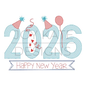 Happy New Year 2026 Sketch Embroidery Design