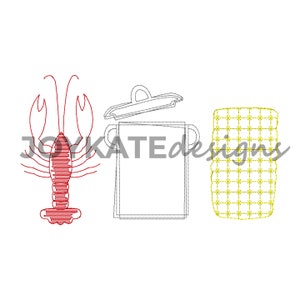 May include: A red lobster, a black and white pot with a lid, and a yellow and white corn cob.