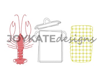 Crawfish Boil Trio Vintage Stitch Embroidery Design, Vintage Bean Stitch Crawfish Boil, Louisiana Cajun Design