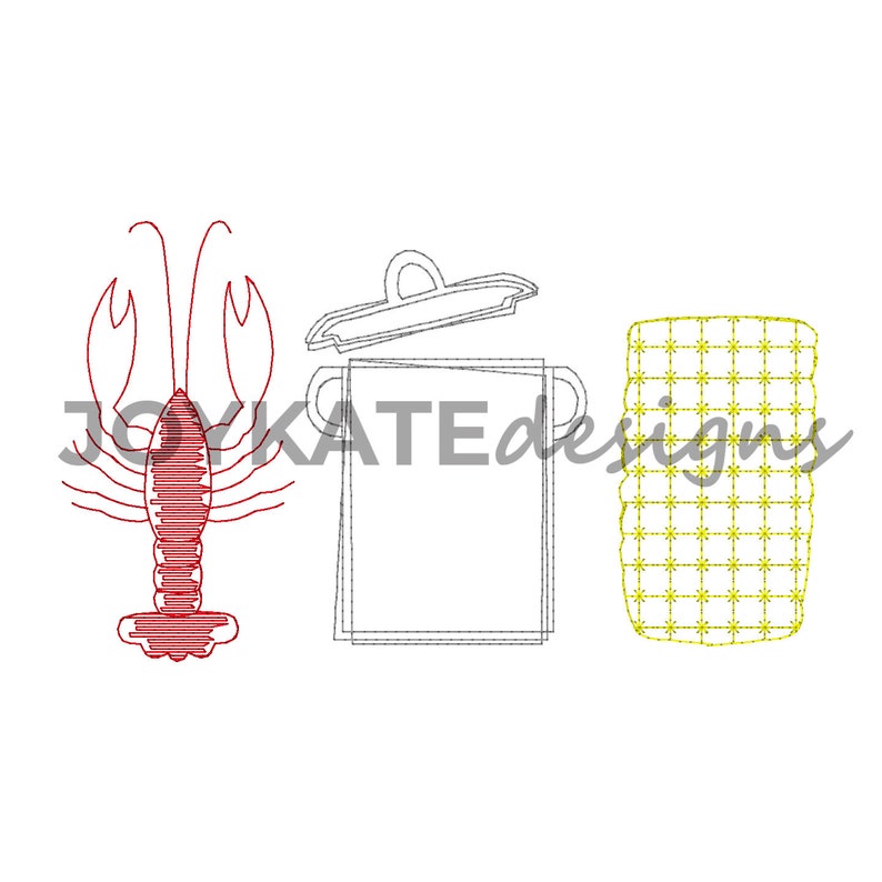 May include: A red lobster, a black and white pot with a lid, and a yellow and white corn cob.