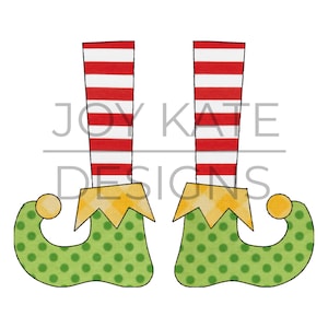 May include: A pair of green elf shoes with red and white striped stockings. The shoes have yellow pointed toes and a green and white polka dot pattern.