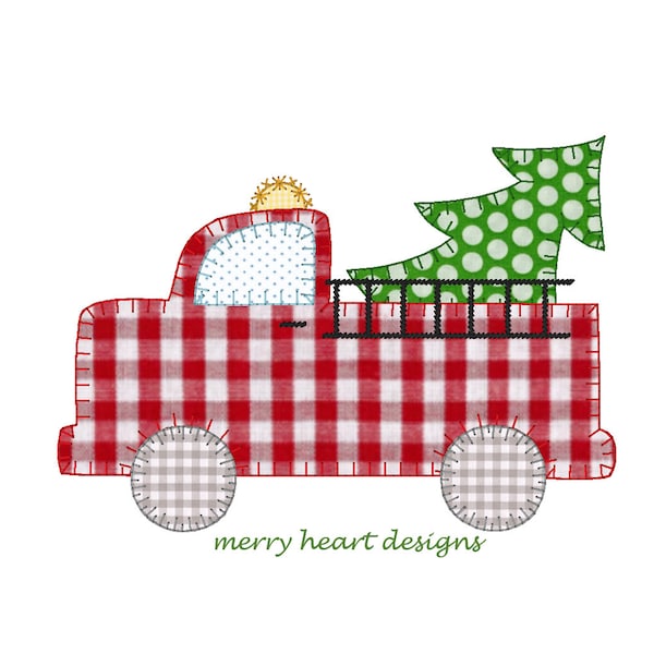 Feuerwehrauto mit Weihnachtsbaum Applique Design, Feuerwehrauto Applikation ' Vintage Stich Feuerwehrauto, Datei, Stickerei, Decke Zierstich