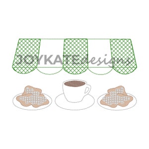 ベニエとコーヒーのライトフィルヴィンテージステッチ刺繍デザイン