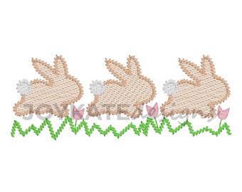Running Bunnies Light Fill Embroidery Design, Vintage Beach Stitch with Light Fill Easter Bunnies Hopping over Grass and Tulips