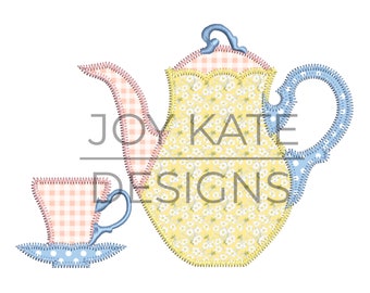 May include: A yellow teapot with a floral pattern and a pink and white gingham pattern on the lid, and a pink teacup with a white and pink gingham pattern on a blue saucer with white polka dots.