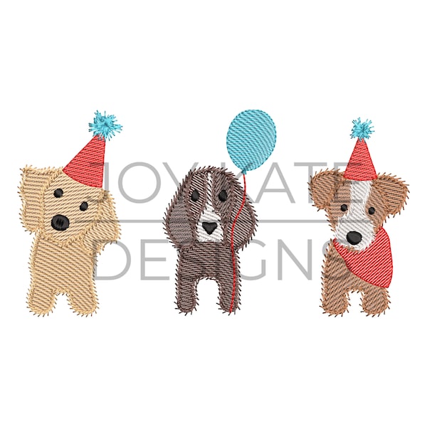 Birthday Party Dog Trio Sketch Embroidery Design