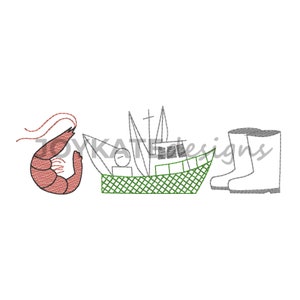 Shrimp Boat Trio Vintage Stitch Embroidery Design. Light Fill and Bean Stitch Three in a Row Design for Machine Embroidery.