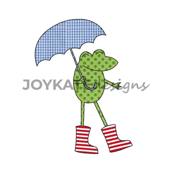 Rainy Spring Frog Vintage Bean Stitch Applique Embroidery Design, Frog with Rain Boots and Umbrella Raggy Applique’