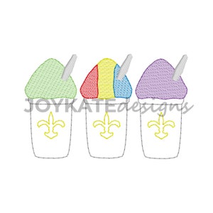 May include: Three colorful snow cones in cups with a fleur-de-lis design and straws. The snow cones are green, red, yellow, blue, and purple.