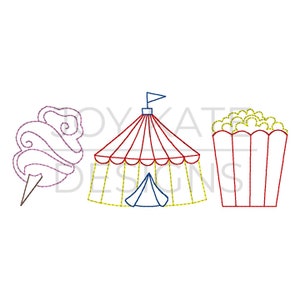 May include: A set of three embroidery designs featuring a red and white striped circus tent with a yellow flag, a purple cotton candy swirl, and a red and white popcorn bucket with yellow popcorn.