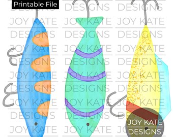 Three in a Row Fishing Lures Watercolor Printable PNG