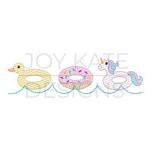 May include: Three inflatable pool floats: a yellow duck, a pink donut with colorful sprinkles, and a white unicorn with a blue tail and horn. The floats are floating on blue wavy lines.