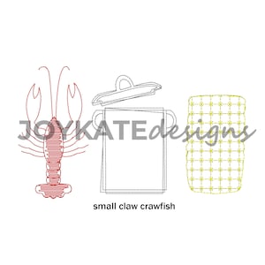 May include: A red crawfish with small claws, a black and white outline of a pot with a lid, and a yellow and white patterned design of a corn cob.