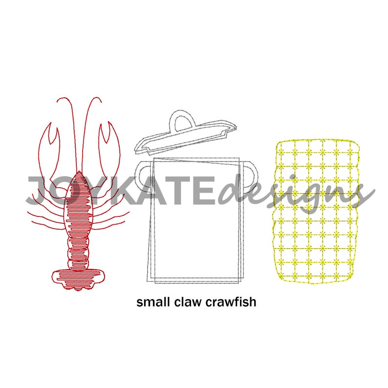 May include: A red crawfish with small claws, a black and white outline of a pot with a lid, and a yellow and white patterned design of a corn cob.