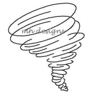 Puede incluir: Un dibujo en blanco y negro de un tornado. El tornado se representa como un vórtice giratorio con una cola larga y delgada.