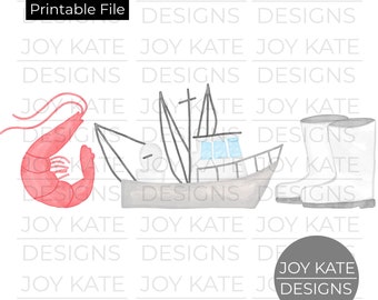 Shrimp Boat with Boots Trio Watercolor Printable PNG