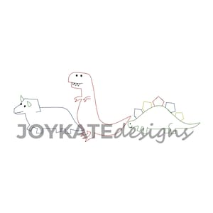 Dinosaur Bean Stitch Trio Embroidery Design. Vintage Dinosaur Design for Machine Embroidery. Includes a Triceratops, T-Rex, and Stegosaurus.