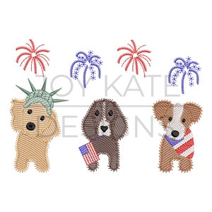 May include: Three cartoon dogs celebrating the 4th of July. One dog is wearing a Statue of Liberty crown, another is holding an American flag, and the third is wearing a red, white, and blue bandana. There are fireworks in the background.